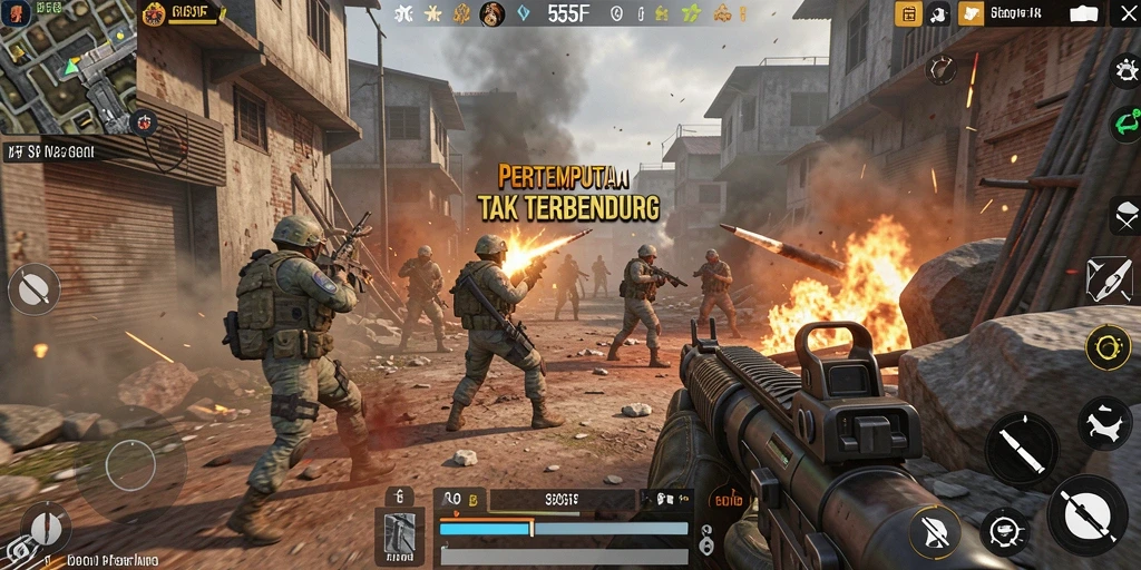 Tampilan menegangkan dari gameplay FPS 555F saat aksi pertempuran berlangsung.