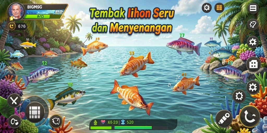 Tampilan gameplay seru di BIGMSG saat menangkap ikan.