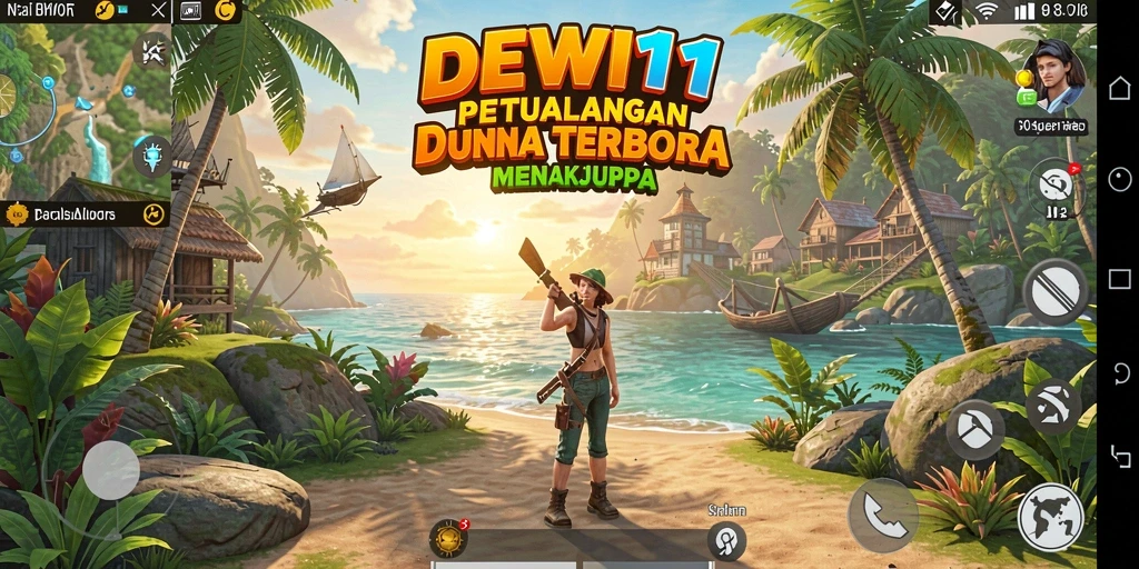 Tangkapan layar utama DEWI11 menunjukkan petualangan eksplorasi dunia terbuka.