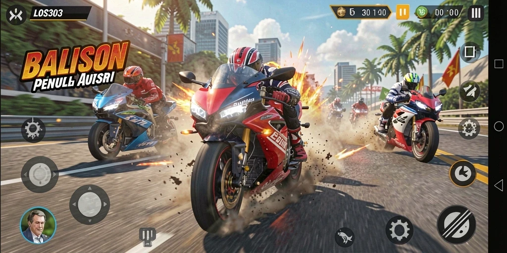 Screenshot menunjukkan aksi balapan motor yang mendebarkan.