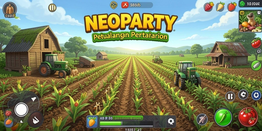 Screenshot gameplay NEOPARTY dengan petualangan pertanian yang penuh warna.