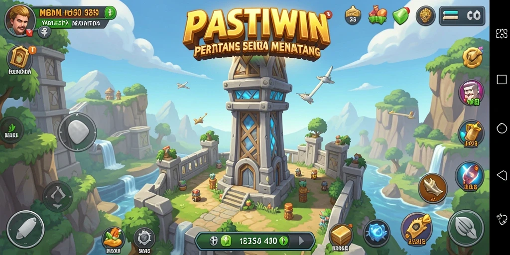 Screenshot utama PASTIWIN menampilkan pertahanan menara yang dinamis.
