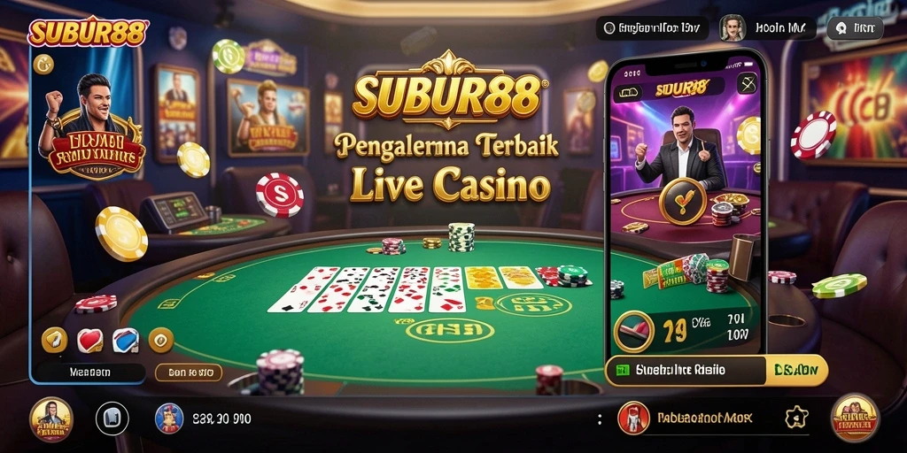 Tampilan gameplay SUBUR88 dengan dealer langsung dan suasana kasino.